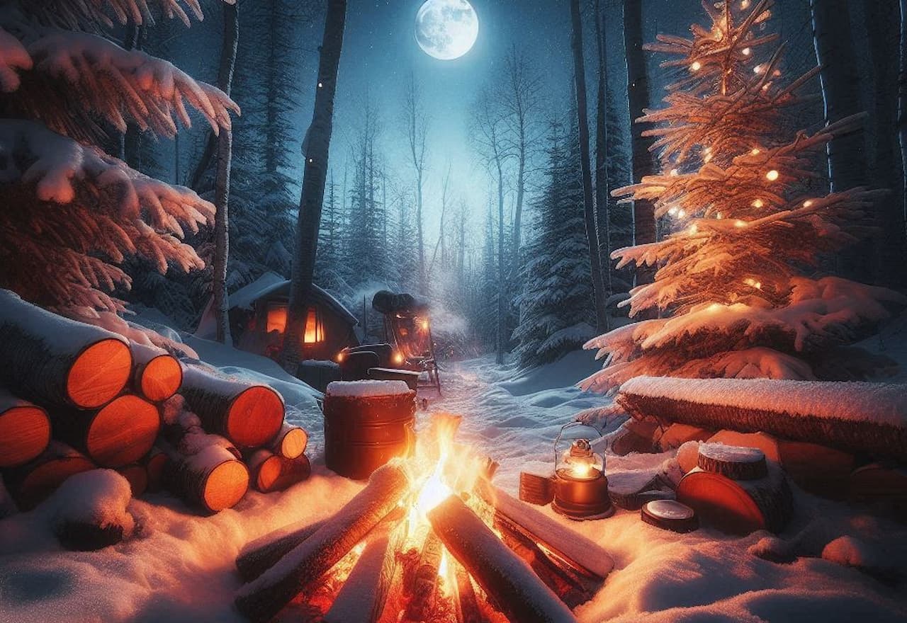 A photo-realistic HDR image of a winter camping campfire experience with just one moon on the background (1) (1)